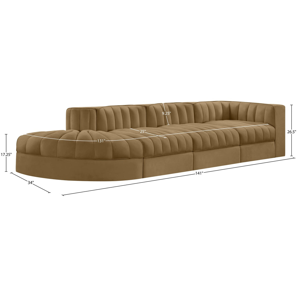 Rummi Saddle Velvet Performance Fabric Upholstered 4 Piece Modular Sectional Sofa
