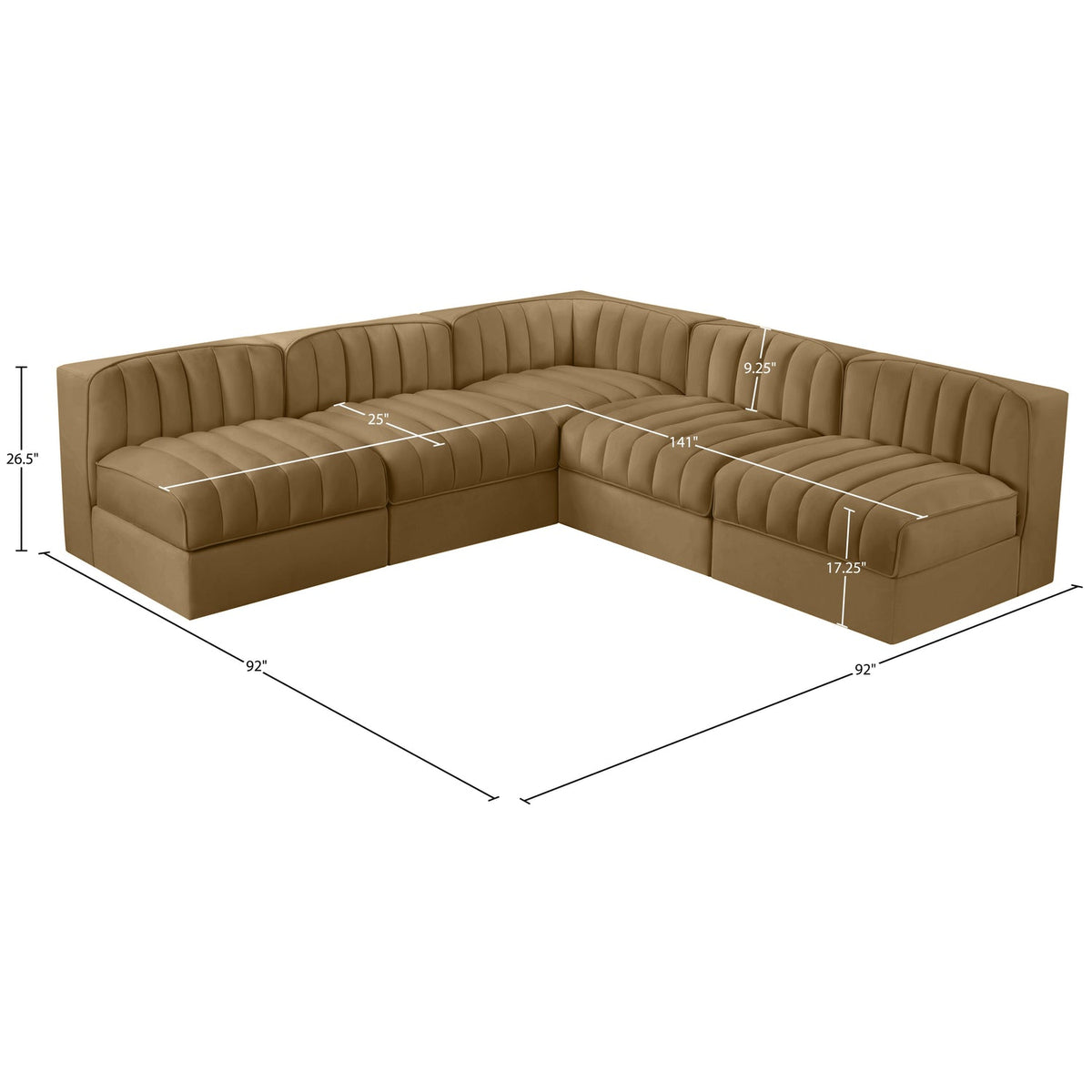 Rummi Saddle Velvet Performance Fabric Upholstered 5 Piece Modular Sectional Sofa