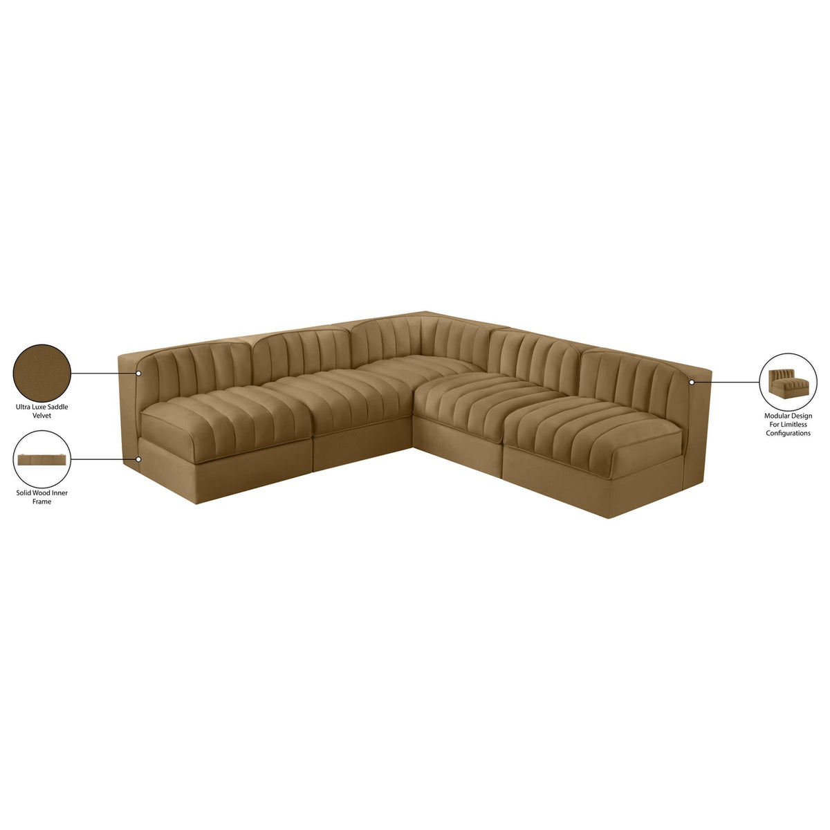 Rummi Saddle Velvet Performance Fabric Upholstered 5 Piece Modular Sectional Sofa