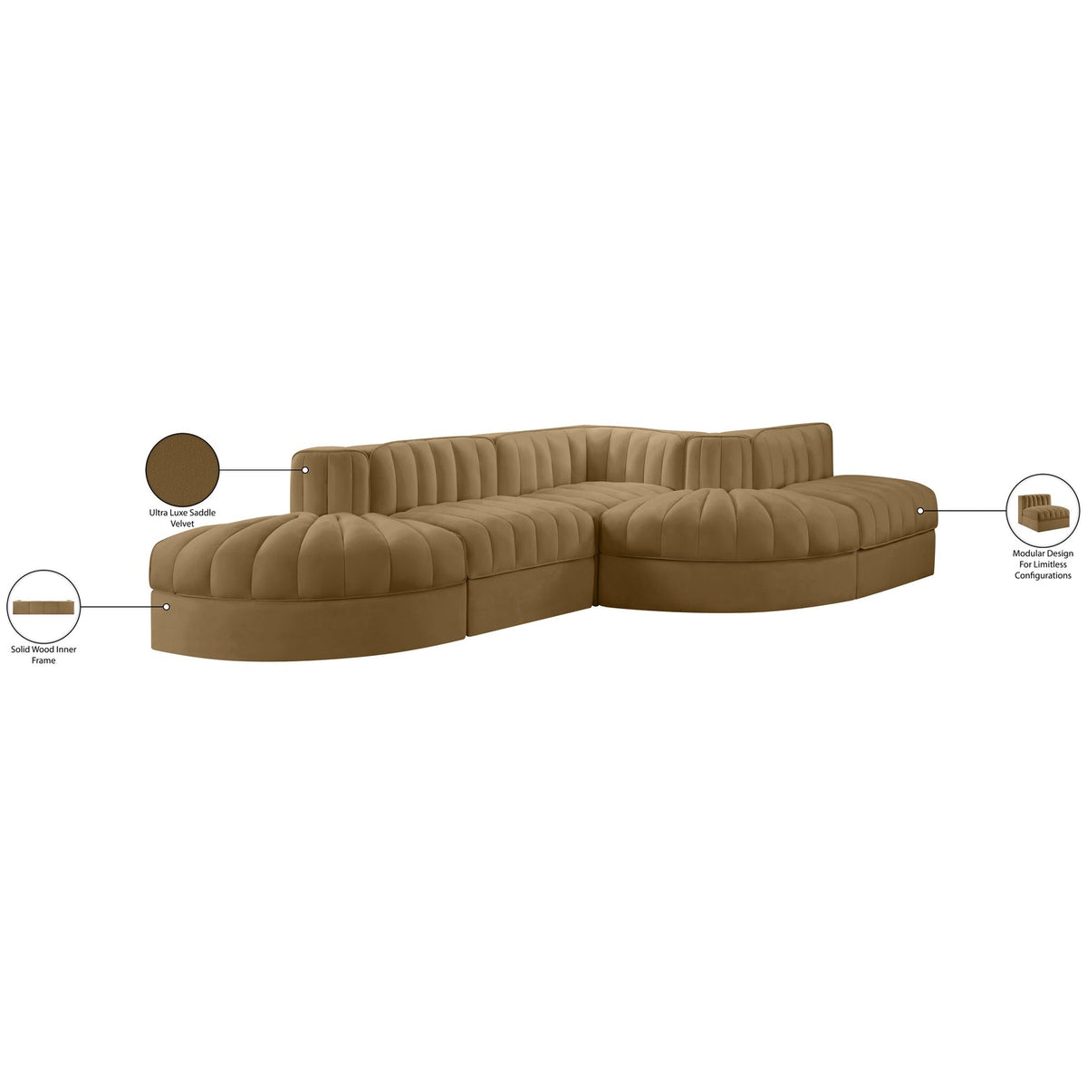 Rummi Saddle Velvet Performance Fabric Upholstered 5 Piece Modular Sectional Sofa