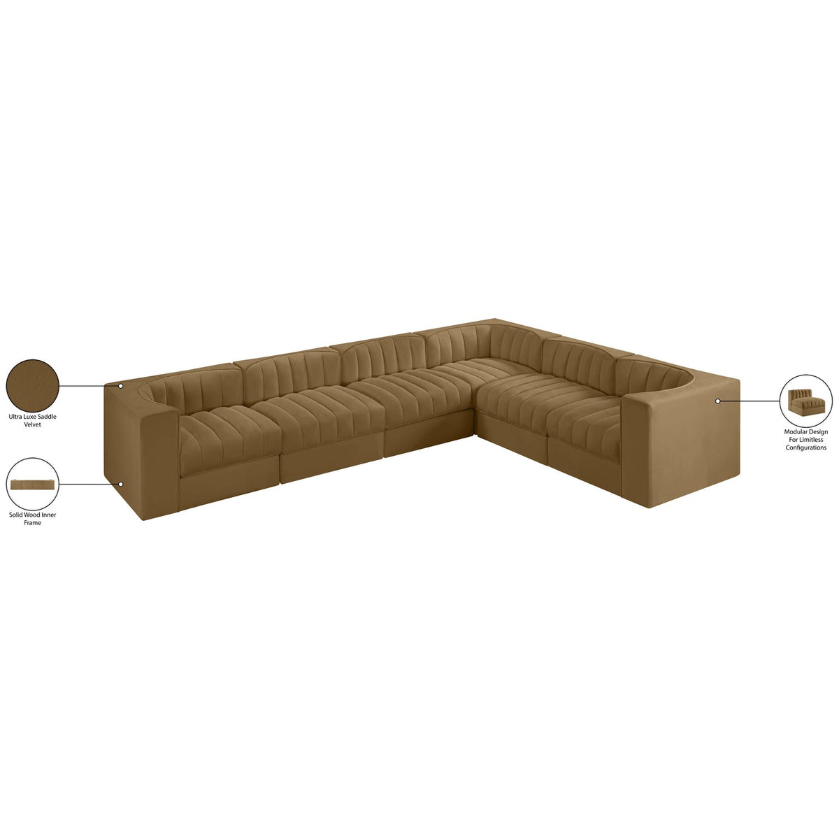Rummi Saddle Velvet Performance Fabric Upholstered 6 Piece Modular Sectional Sofa
