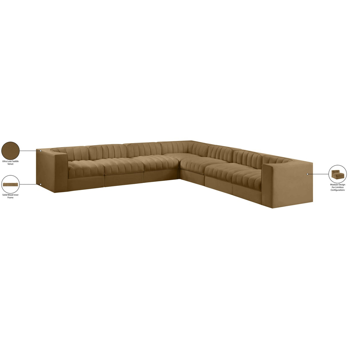 Rummi Saddle Velvet Performance Fabric Upholstered 7 Piece Modular Sectional Sofa