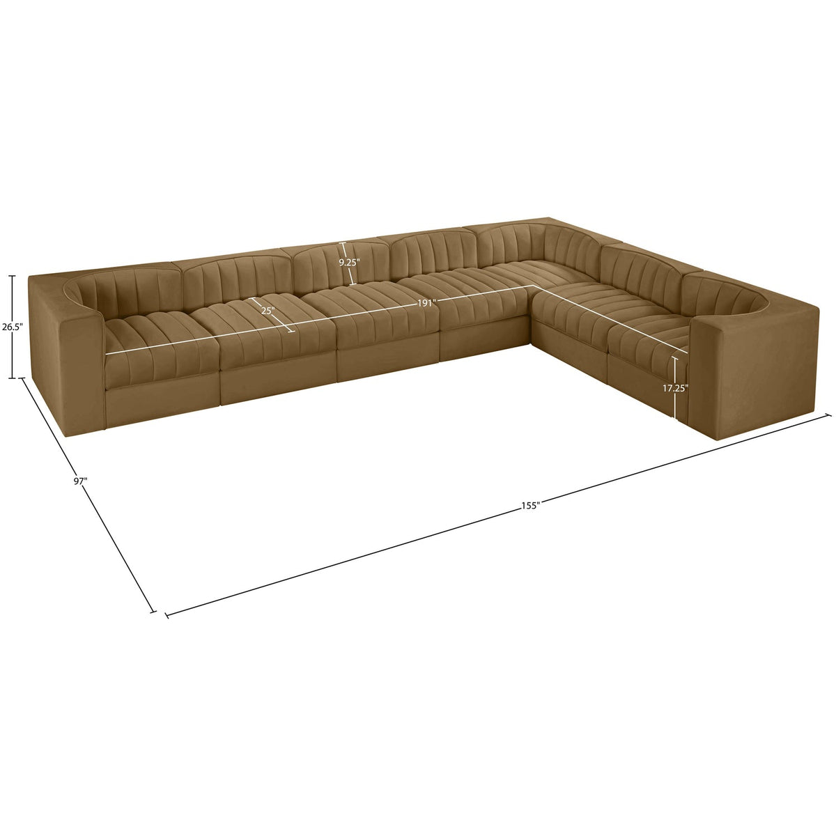Rummi Saddle Velvet Performance Fabric Upholstered 7 Piece Modular Sectional Sofa