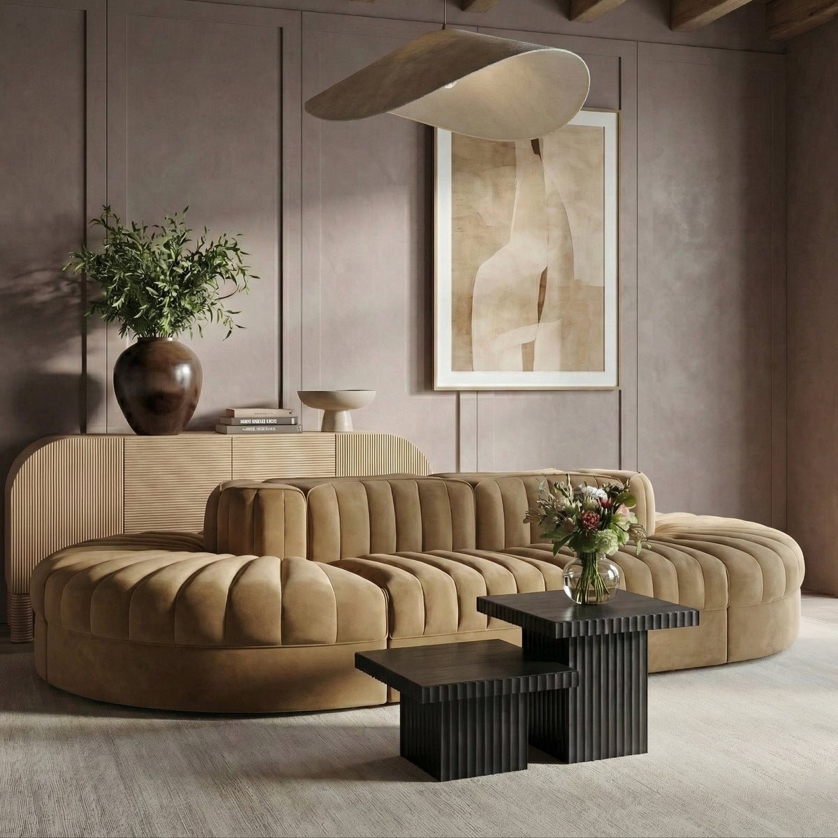 Rummi Saddle Velvet Performance Fabric Upholstered 8 Piece Modular Sectional Sofa