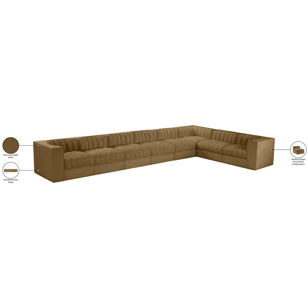 Rummi Saddle Velvet Performance Fabric Upholstered 8 Piece Modular Sectional Sofa