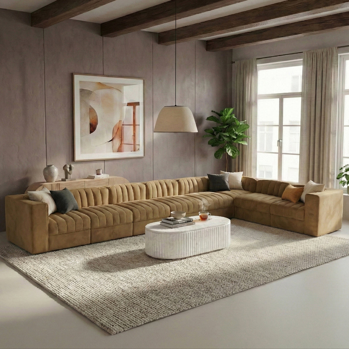 Rummi Saddle Velvet Performance Fabric Upholstered 8 Piece Modular Sectional Sofa