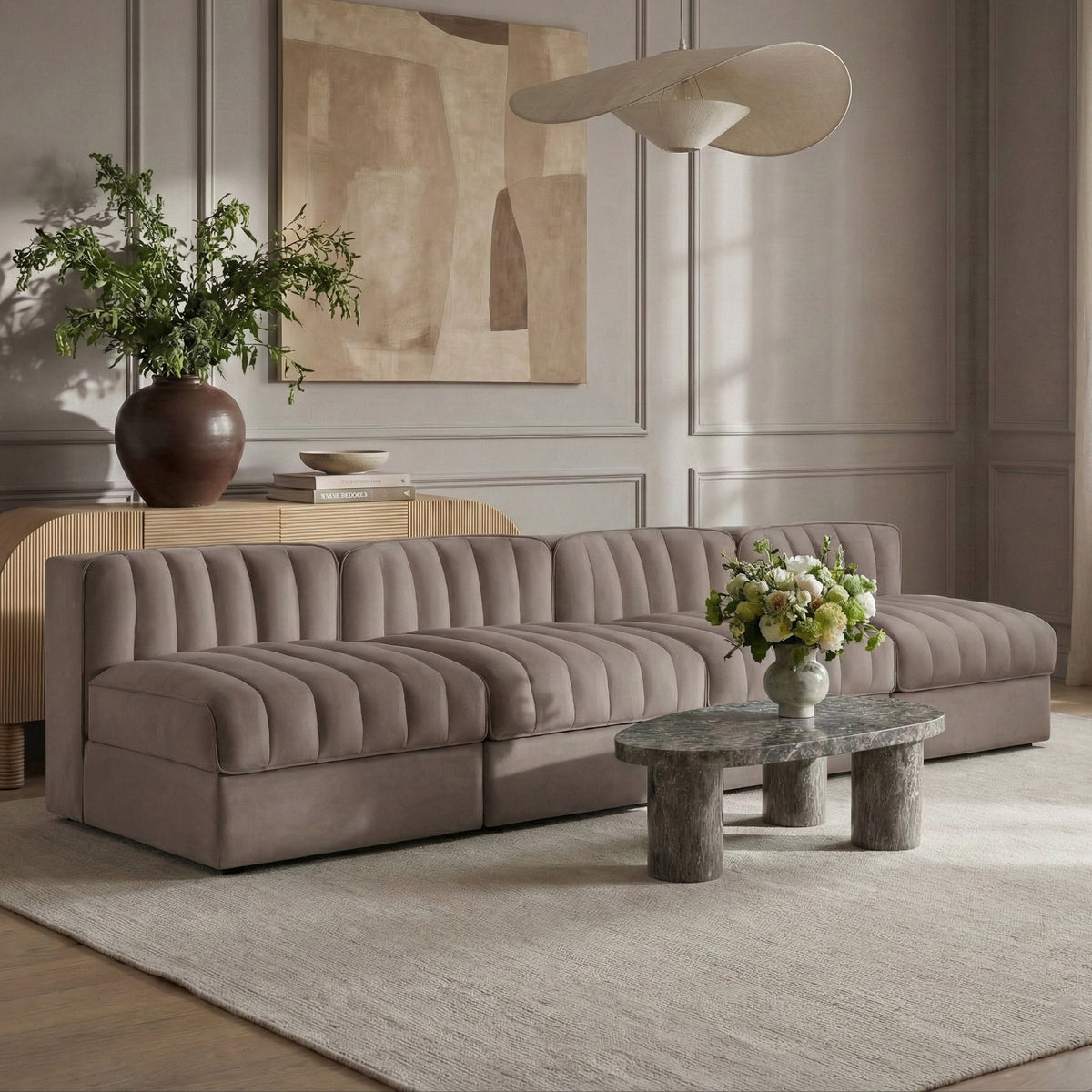 Rummi Taupe Velvet Performance Fabric Upholstered 4 Piece. Modular Sofa