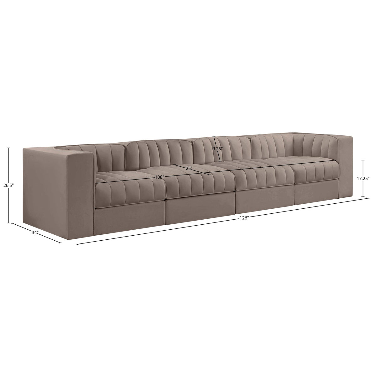 Rummi Taupe Velvet Performance Fabric Upholstered 4 Piece Modular Sofa