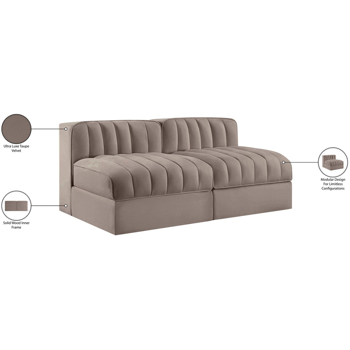 Rummi Taupe Velvet Performance Fabric Upholstered 2 Piece Modular Loveseat