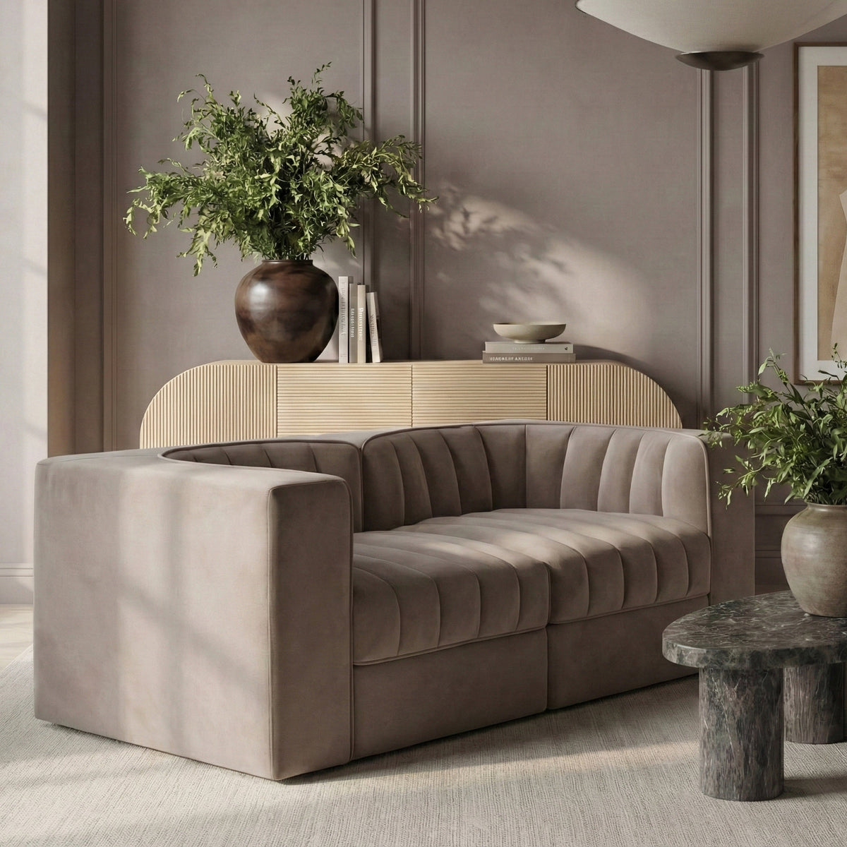 Rummi Taupe Velvet Performance Fabric Upholstered 2Piece. Modular Loveseat