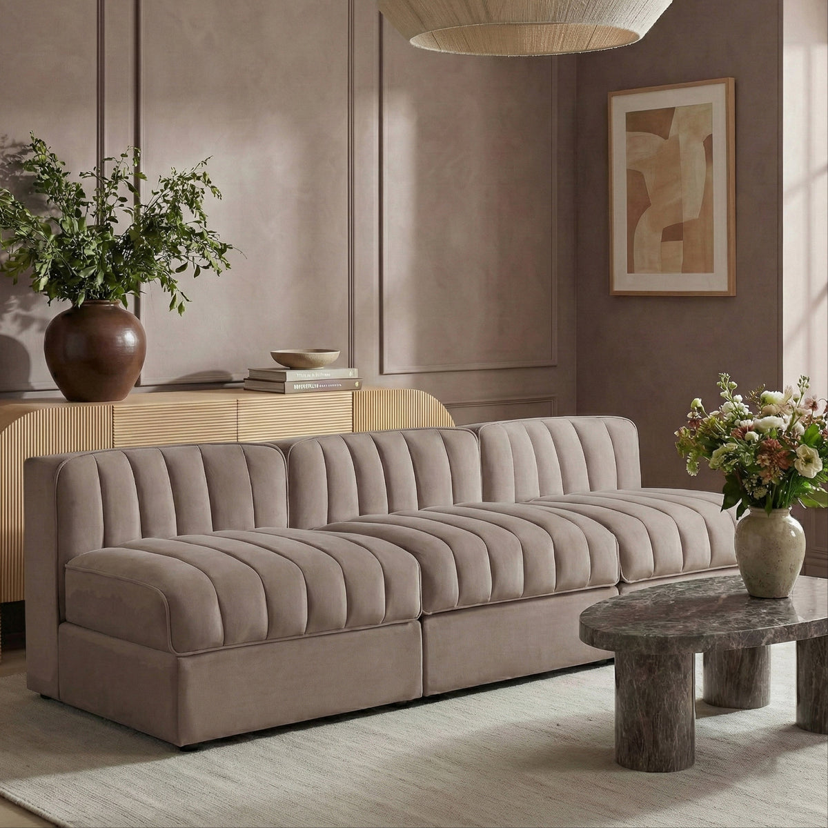 Rummi Taupe Velvet Performance Fabric Upholstered 3 Piece. Modular Sofa