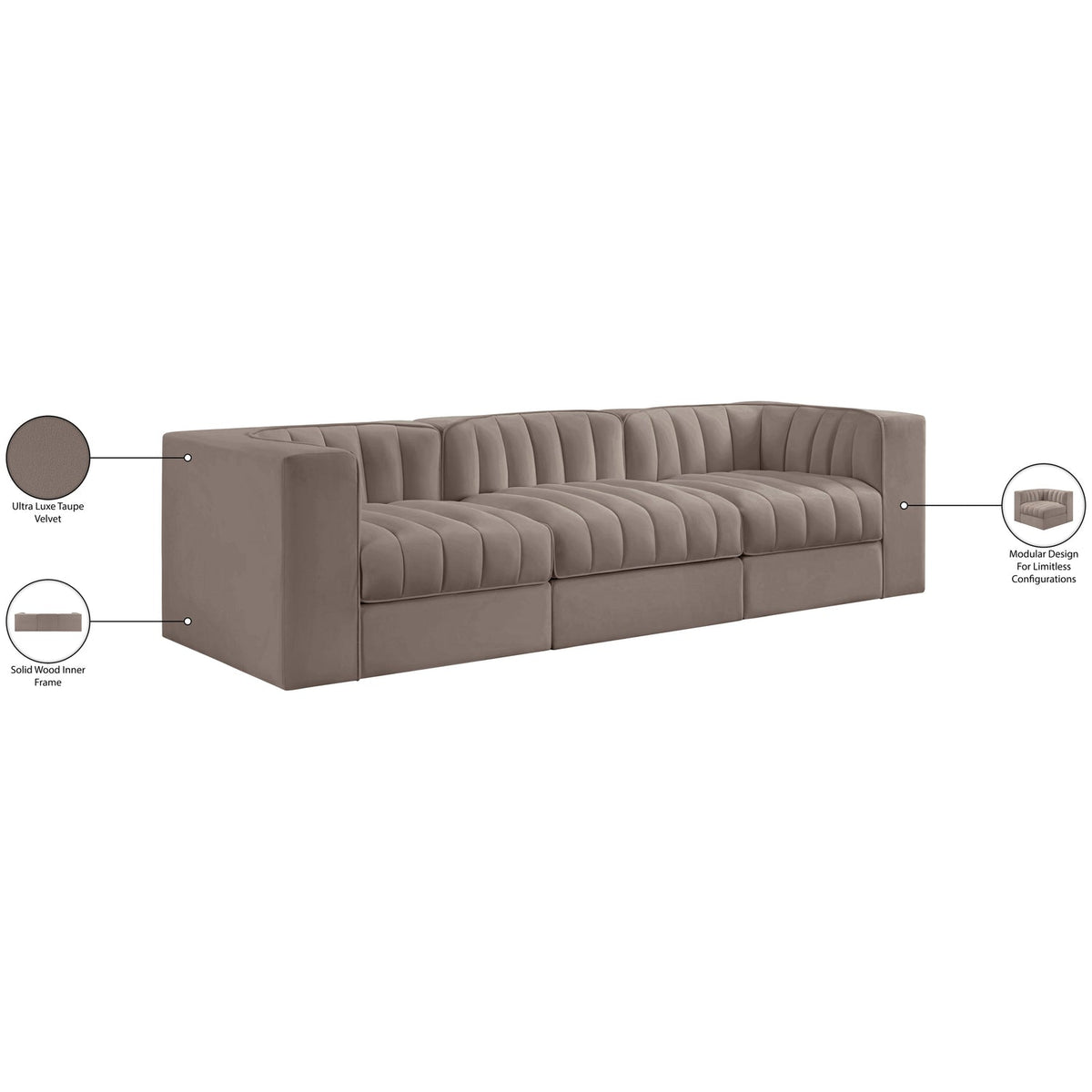 Rummi Taupe Velvet Performance Fabric Upholstered 3 Piece Modular Sofa