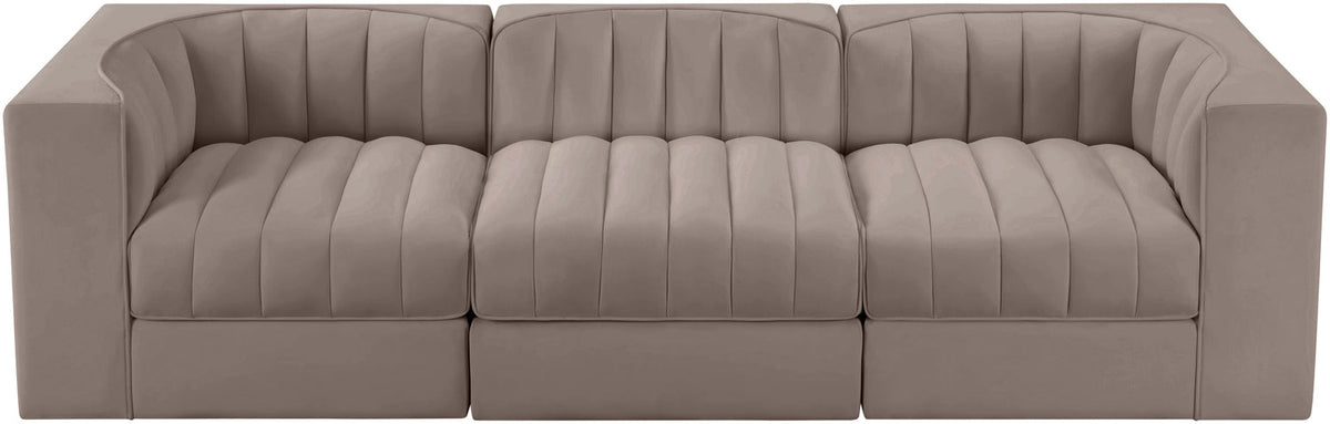 Rummi Taupe Velvet Performance Fabric Upholstered 3 Piece Modular Sofa