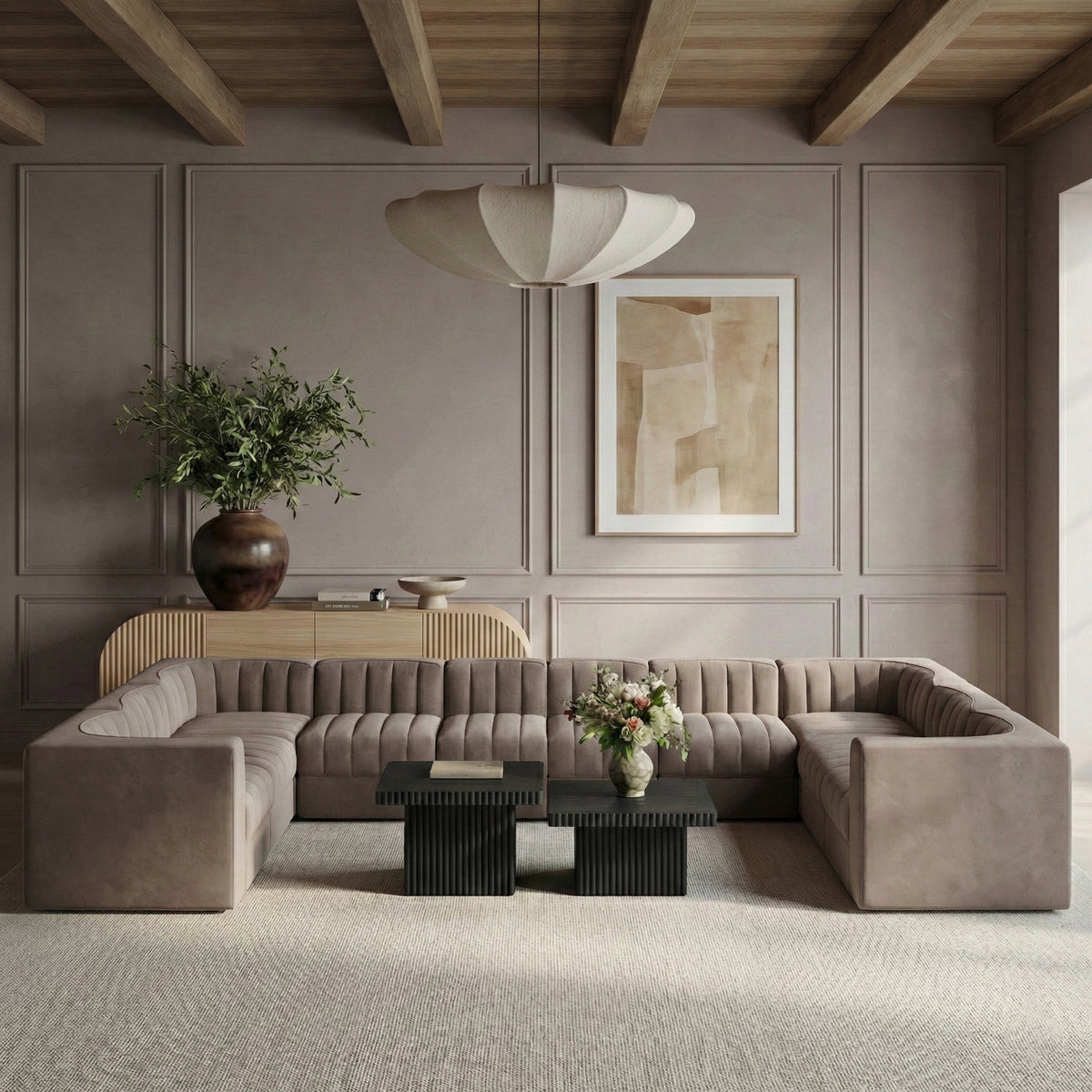 Rummi Taupe Velvet Performance Fabric Upholstered 10 Piece Modular Sectional Sofa