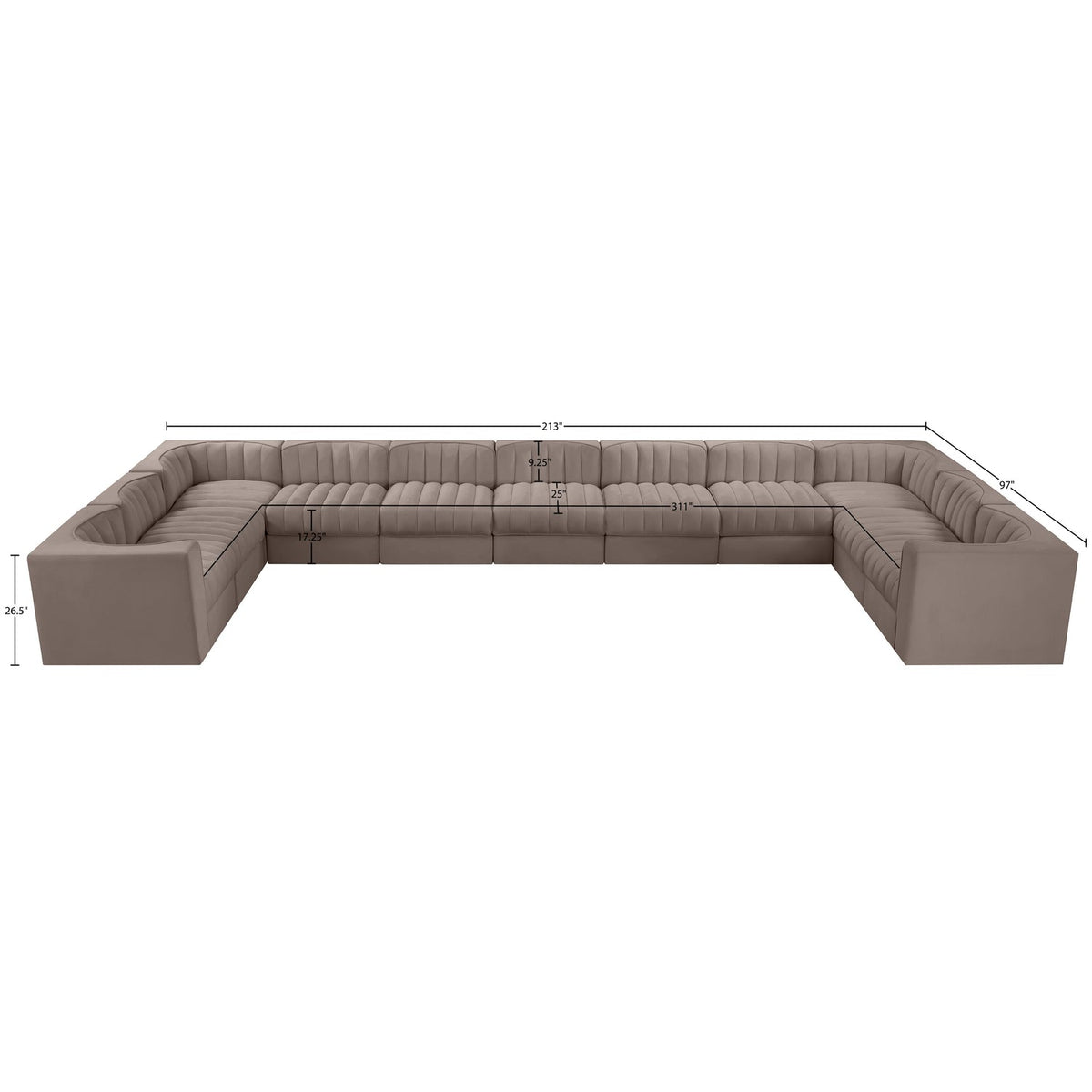 Rummi Taupe Velvet Performance Fabric Upholstered 11 Piece Modular Sectional Sofa