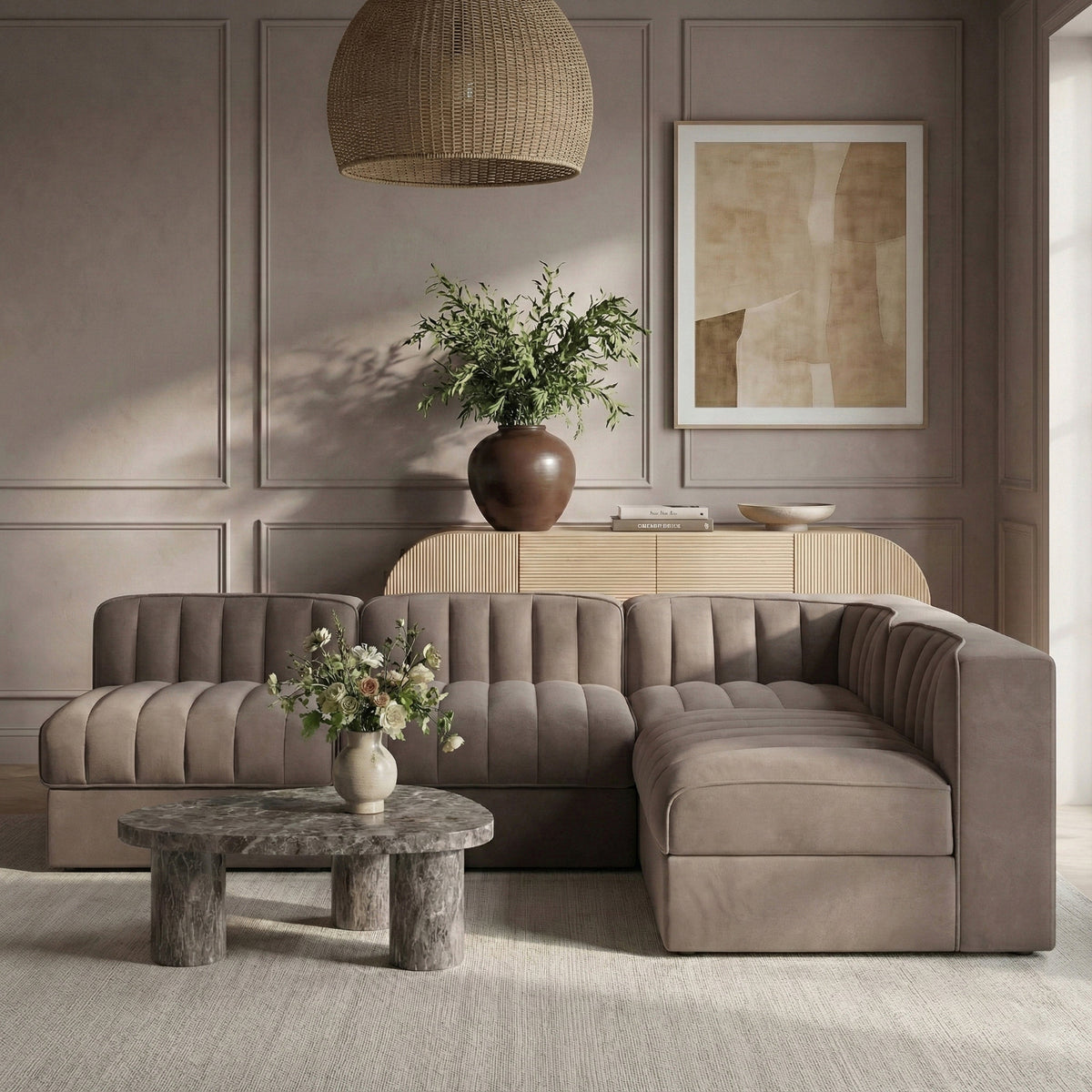 Rummi Taupe Velvet Performance Fabric Upholstered 4 Piece Modular Sectional Sofa