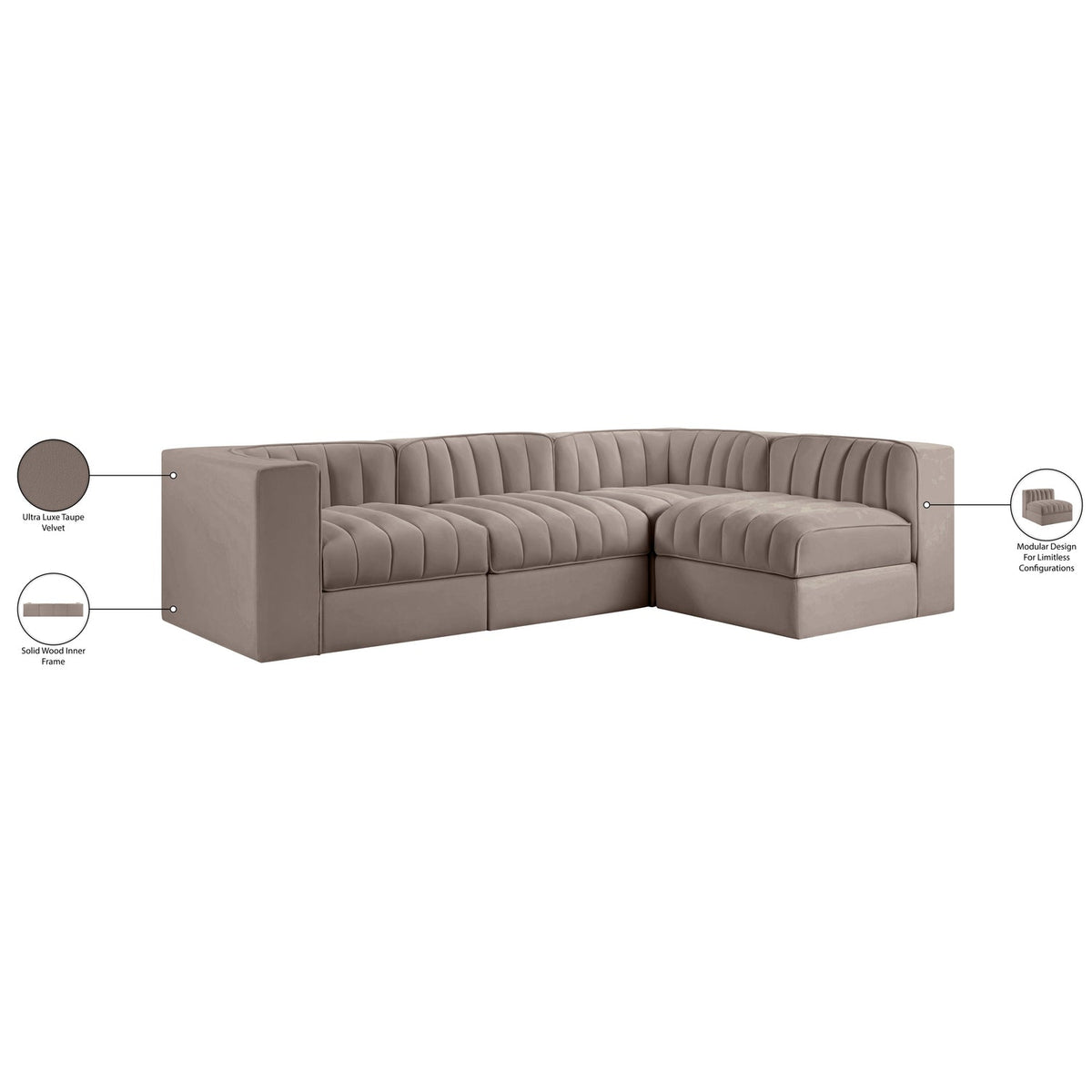 Rummi Taupe Velvet Performance Fabric Upholstered 4 Piece Modular Sectional Sofa
