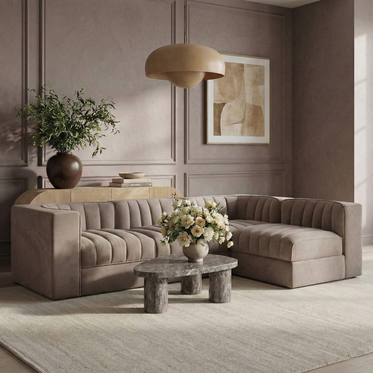 Rummi Taupe Velvet Performance Fabric Upholstered 4 Piece Modular Sectional Sofa