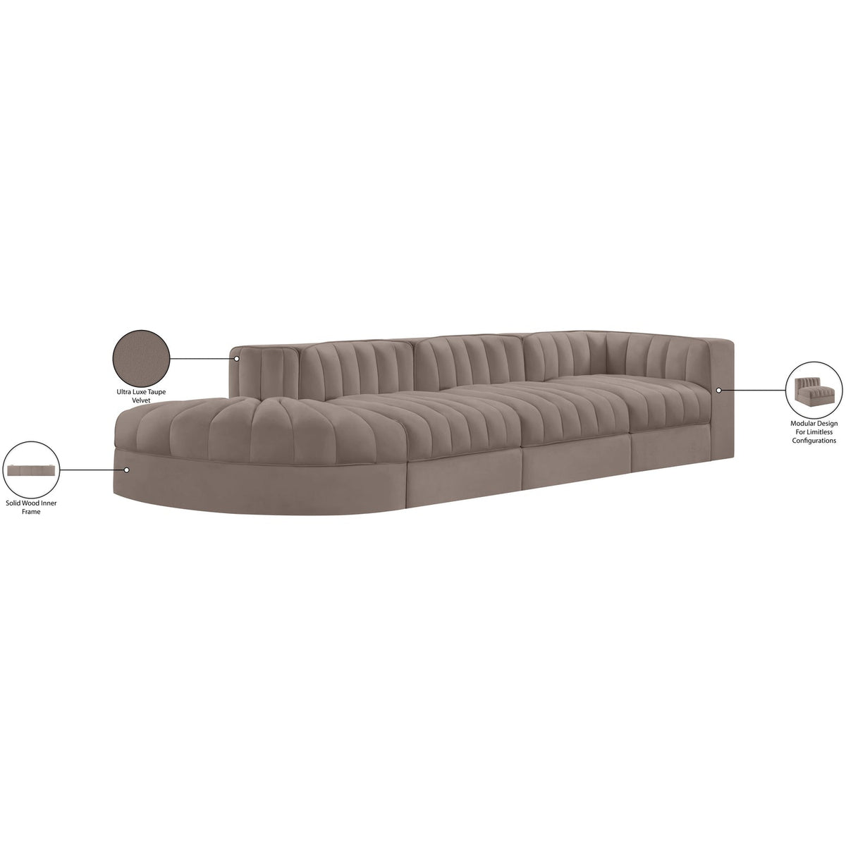 Rummi Taupe Velvet Performance Fabric Upholstered 4 Piece Modular Sectional Sofa