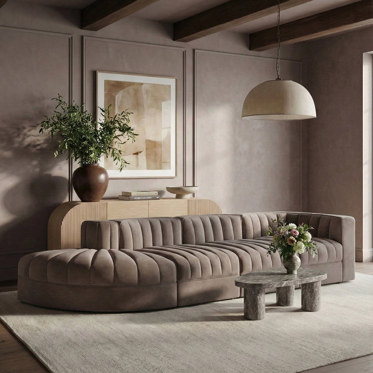 Rummi Taupe Velvet Performance Fabric Upholstered 4 Piece Modular Sectional Sofa