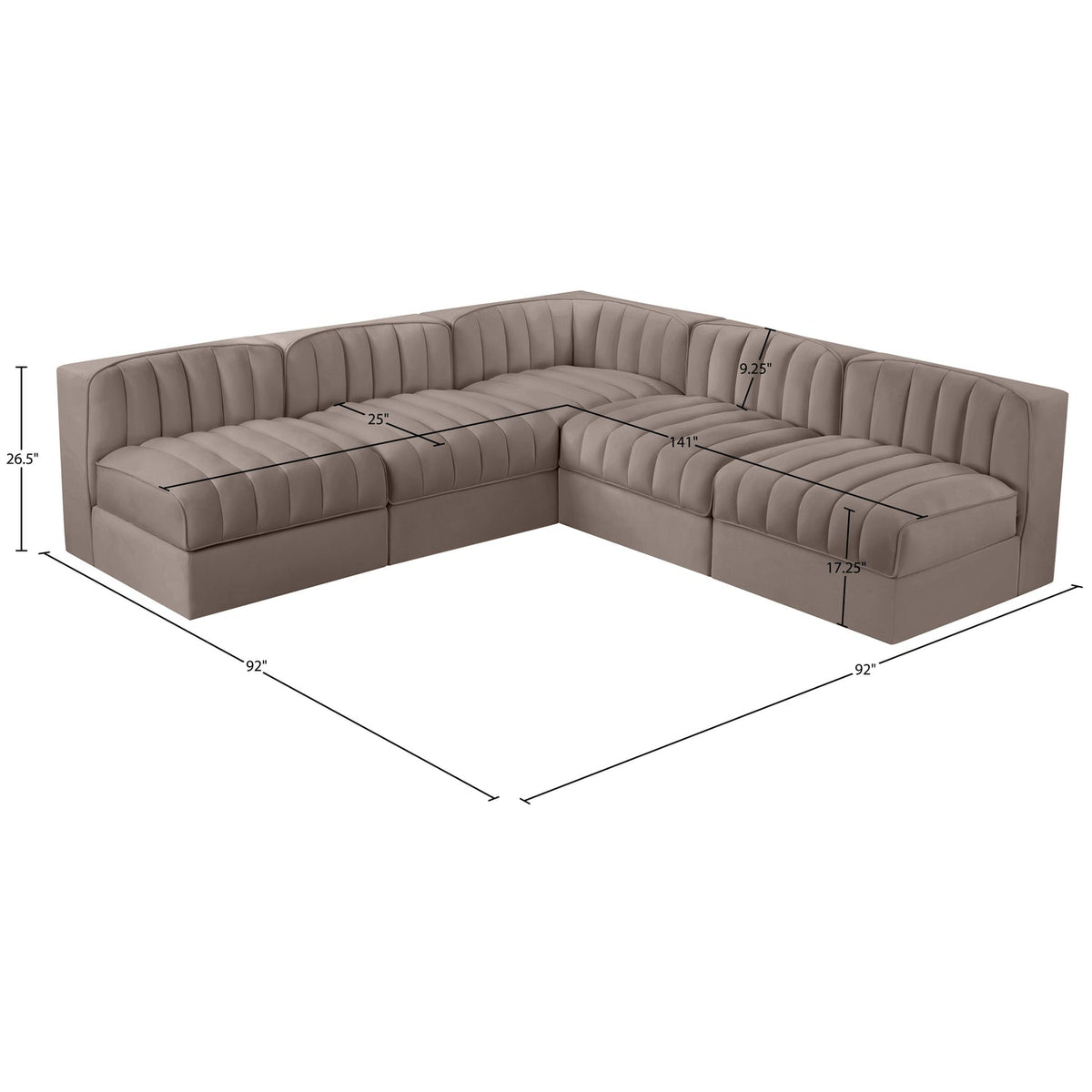 Rummi Taupe Velvet Performance Fabric Upholstered 5 Piece Modular Sectional Sofa