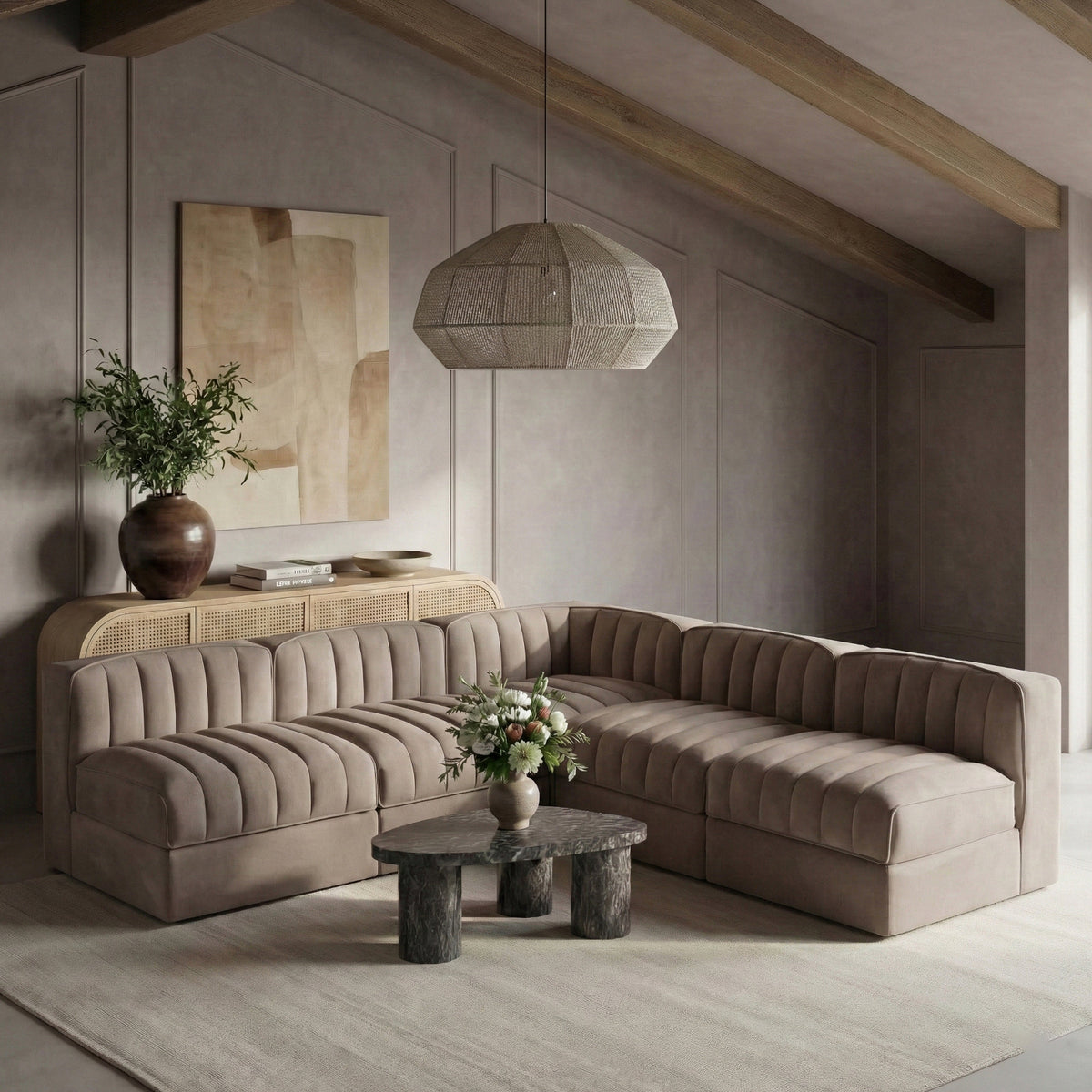 Rummi Taupe Velvet Performance Fabric Upholstered 5 Piece Modular Sectional Sofa