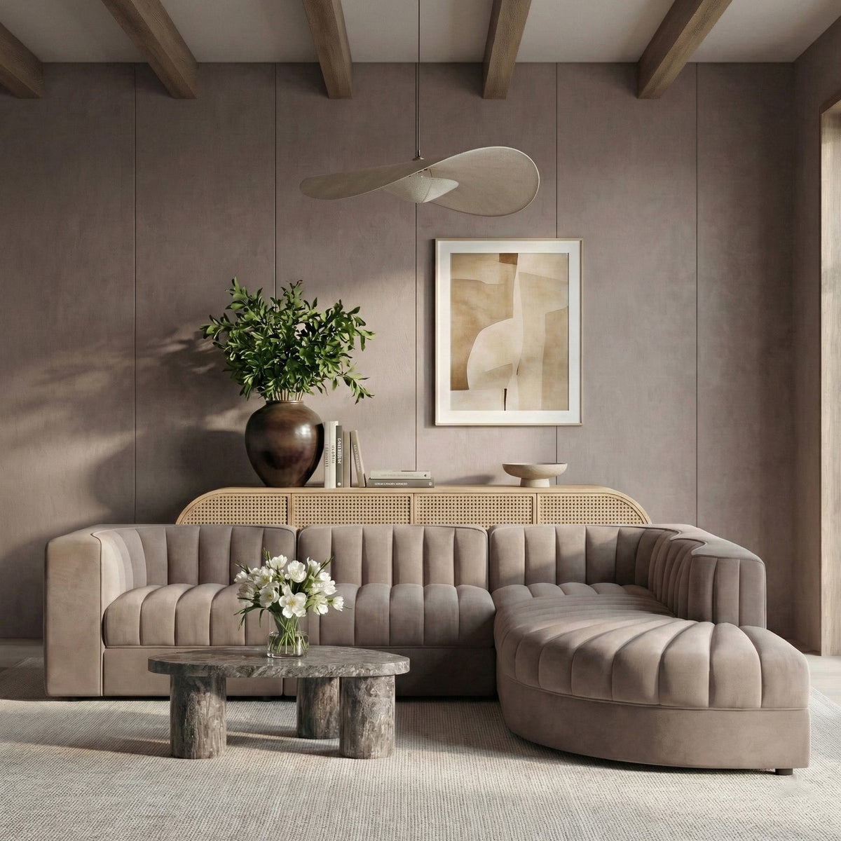 Rummi Taupe Velvet Performance Fabric Upholstered 5 Piece Modular Sectional Sofa