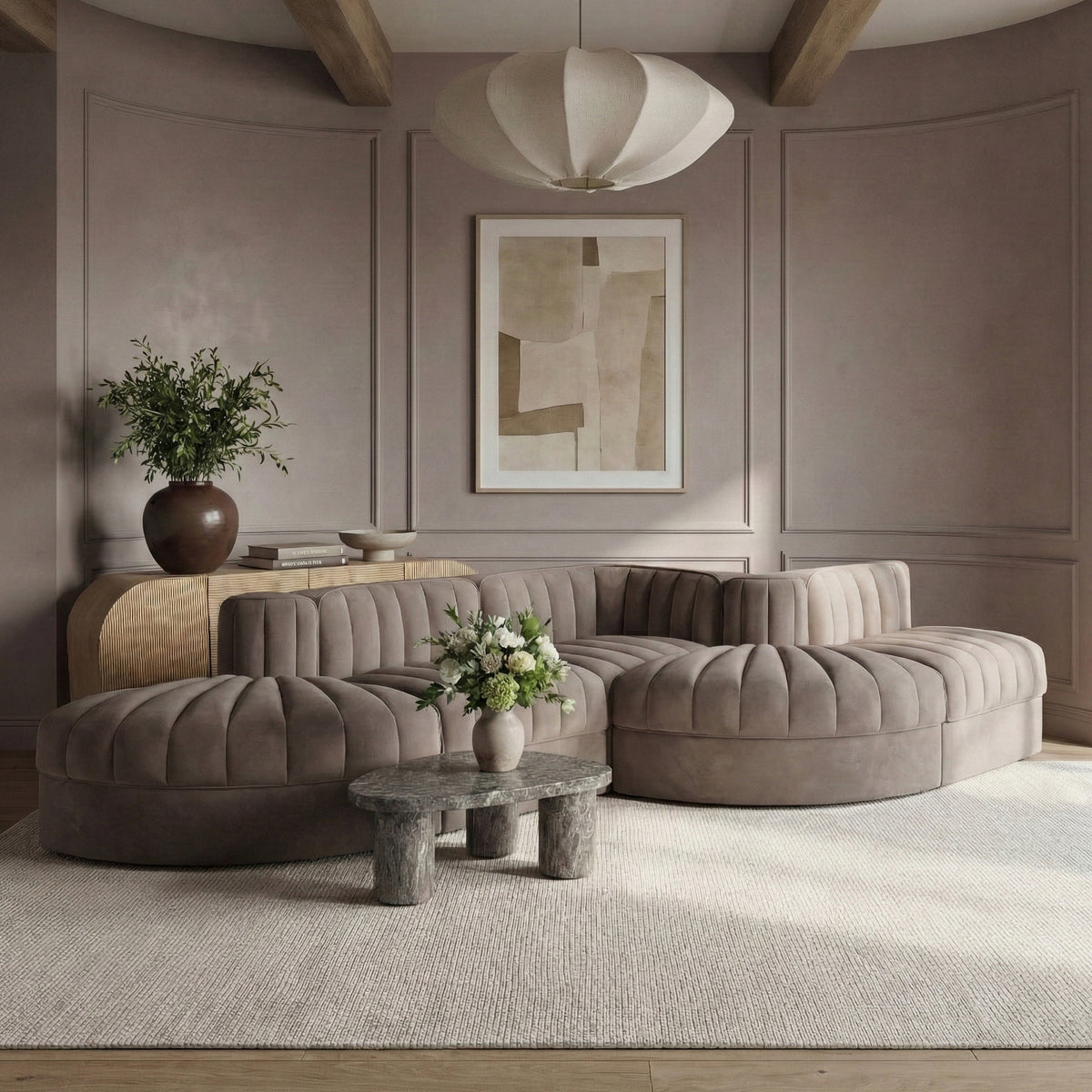 Rummi Taupe Velvet Performance Fabric Upholstered 5 Piece Modular Sectional Sofa