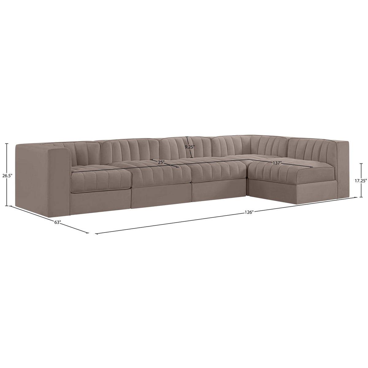 Rummi Taupe Velvet Performance Fabric Upholstered 5 Piece Modular Sectional Sofa