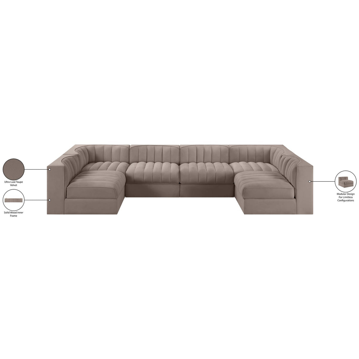 Rummi Taupe Velvet Performance Fabric Upholstered 6 Piece Modular Sectional Sofa