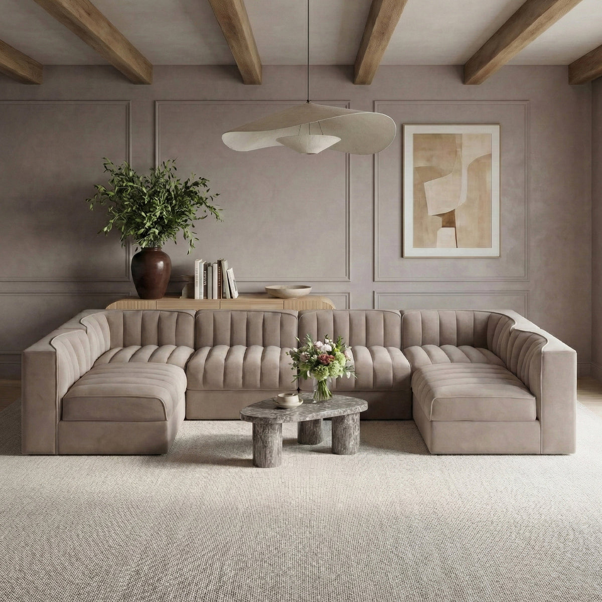 Rummi Taupe Velvet Performance Fabric Upholstered 6 Piece Modular Sectional Sofa