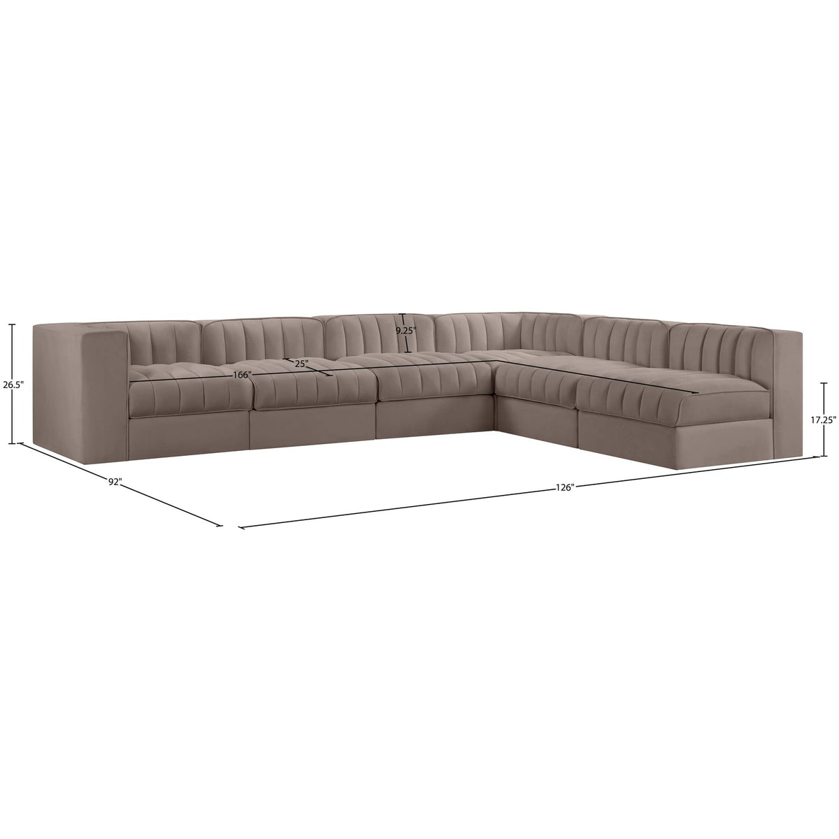 Rummi Taupe Velvet Performance Fabric Upholstered 6 Piece Modular Sectional Sofa