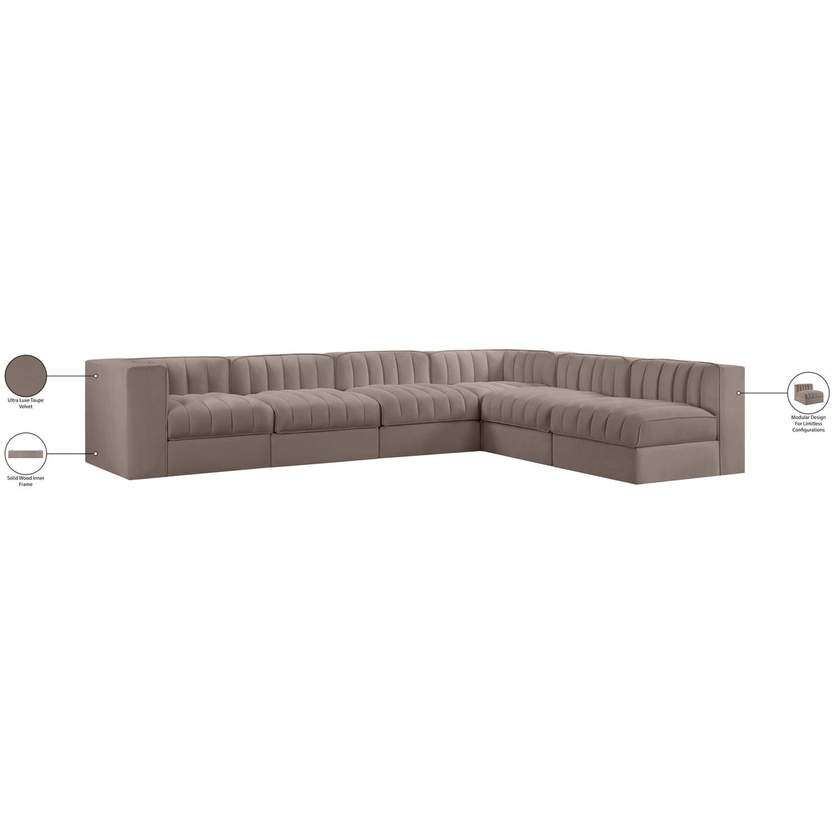 Rummi Taupe Velvet Performance Fabric Upholstered 6 Piece Modular Sectional Sofa