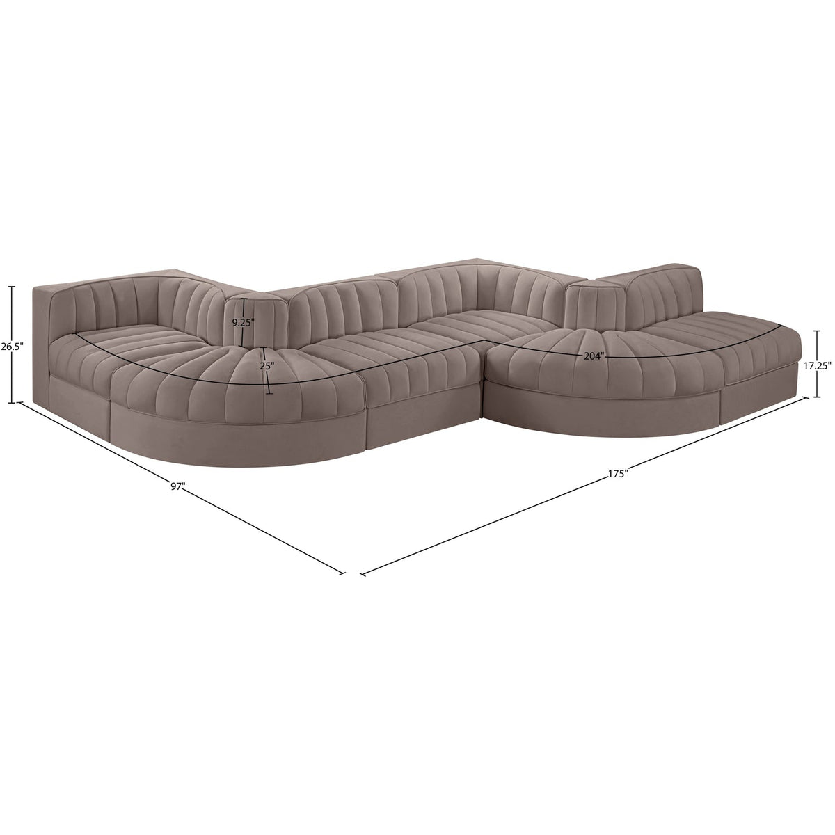 Rummi Taupe Velvet Performance Fabric Upholstered 6 Piece Modular Sectional Sofa