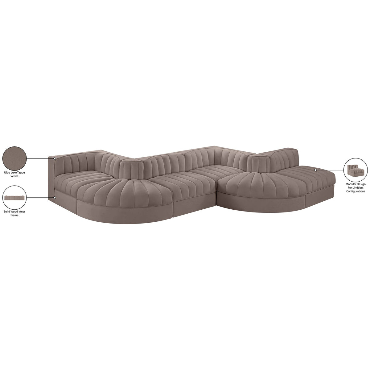 Rummi Taupe Velvet Performance Fabric Upholstered 6 Piece Modular Sectional Sofa
