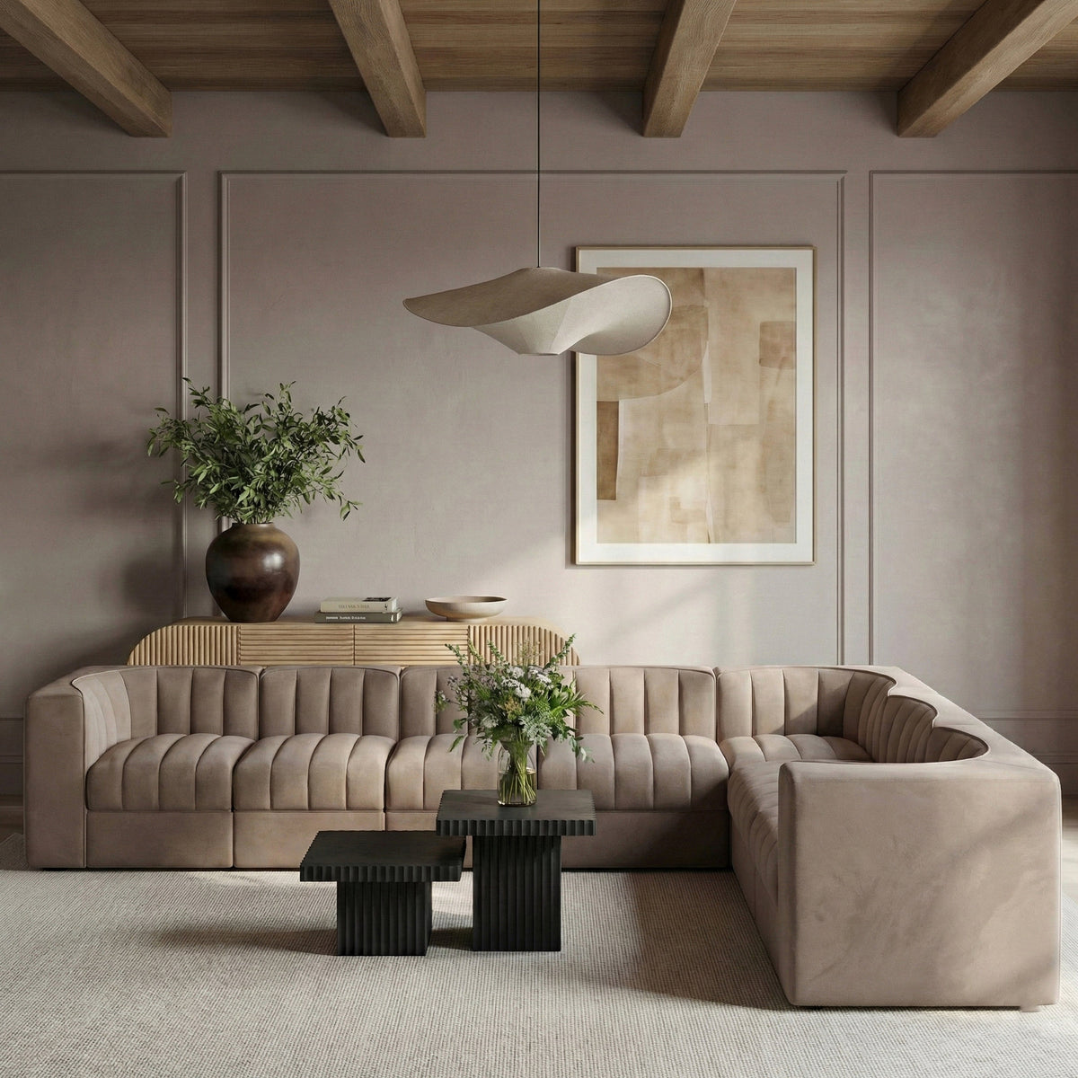 Rummi Taupe Velvet Performance Fabric Upholstered 7 Piece Modular Sectional Sofa