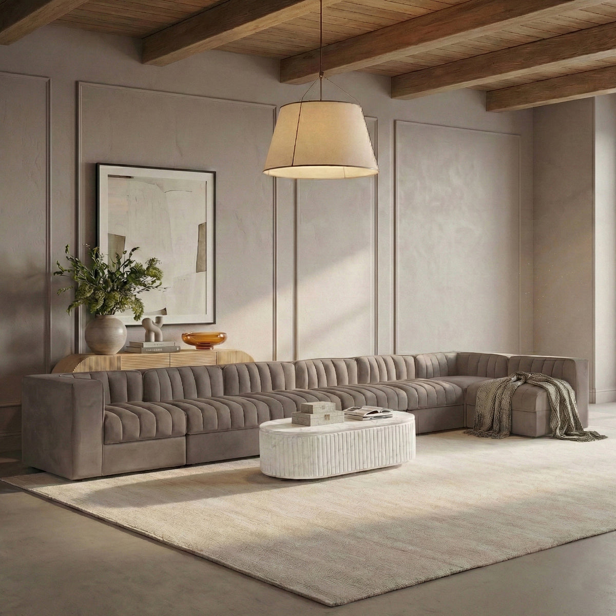 Rummi Taupe Velvet Performance Fabric Upholstered 7 Piece Modular Sectional Sofa