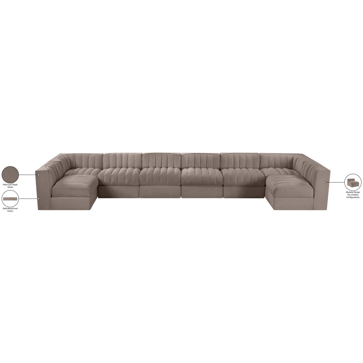 Rummi Taupe Velvet Performance Fabric Upholstered 8 Piece Modular Sectional Sofa