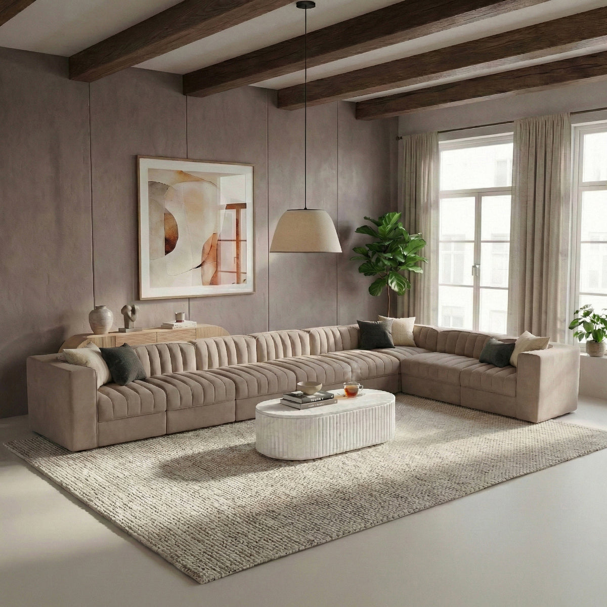 Rummi Taupe Velvet Performance Fabric Upholstered 8 Piece Modular Sectional Sofa