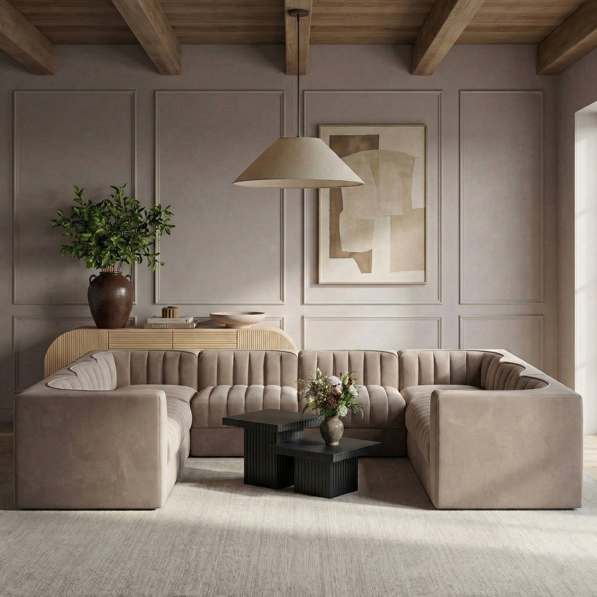 Rummi Taupe Velvet Performance Fabric Upholstered Modular Sectional Sofa