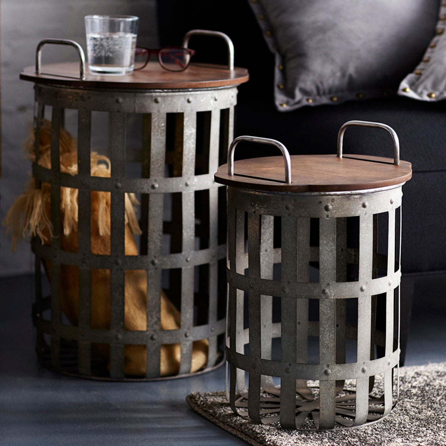 Metal and Wood Side Basket Tables Set of 2