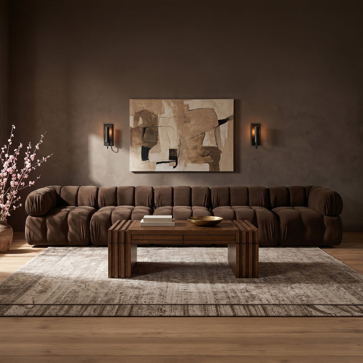 Orin Brown Velvet Performance Fabric Upholstered 5 Piece Modular Sofa