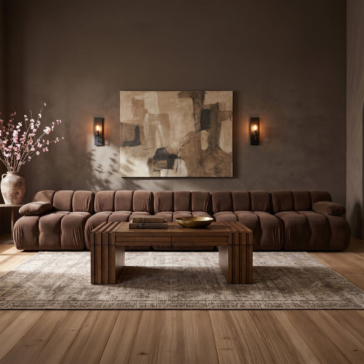 Orin Brown Velvet Performance Fabric Upholstered 5 Piece Modular Sofa