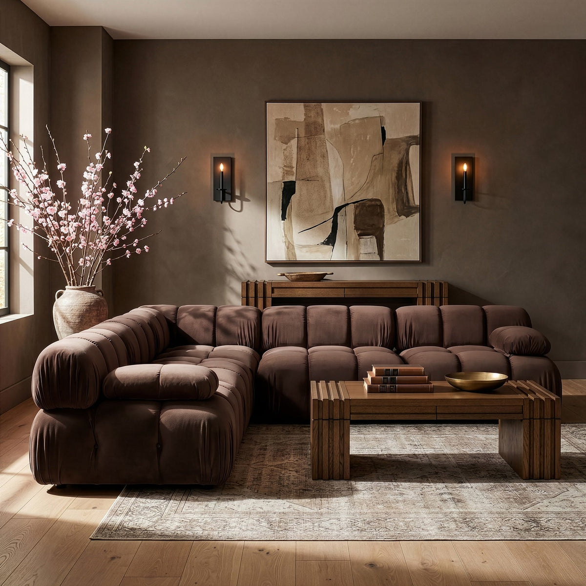 Orin Brown Velvet Performance Fabric Upholstered 5 Piece Modular Sectional Sofa