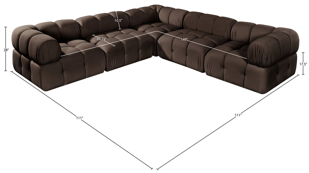 Orin Brown Velvet Performance Fabric Upholstered 5 Piece Modular Sectional Sofa