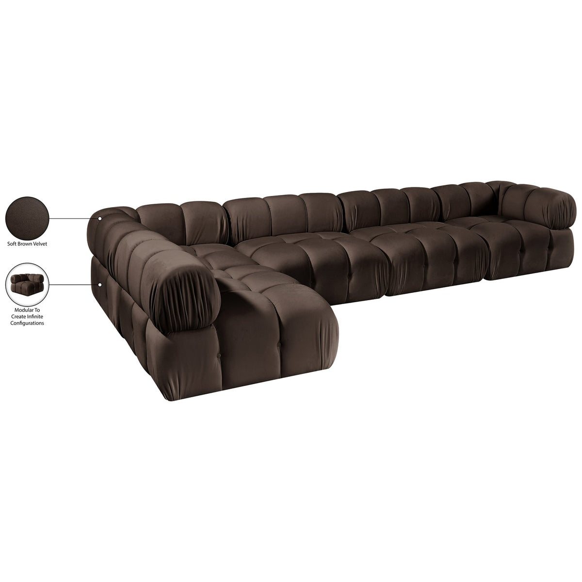 Orin Brown Velvet Performance Fabric Upholstered 5 Piece Modular Sectional Sofa