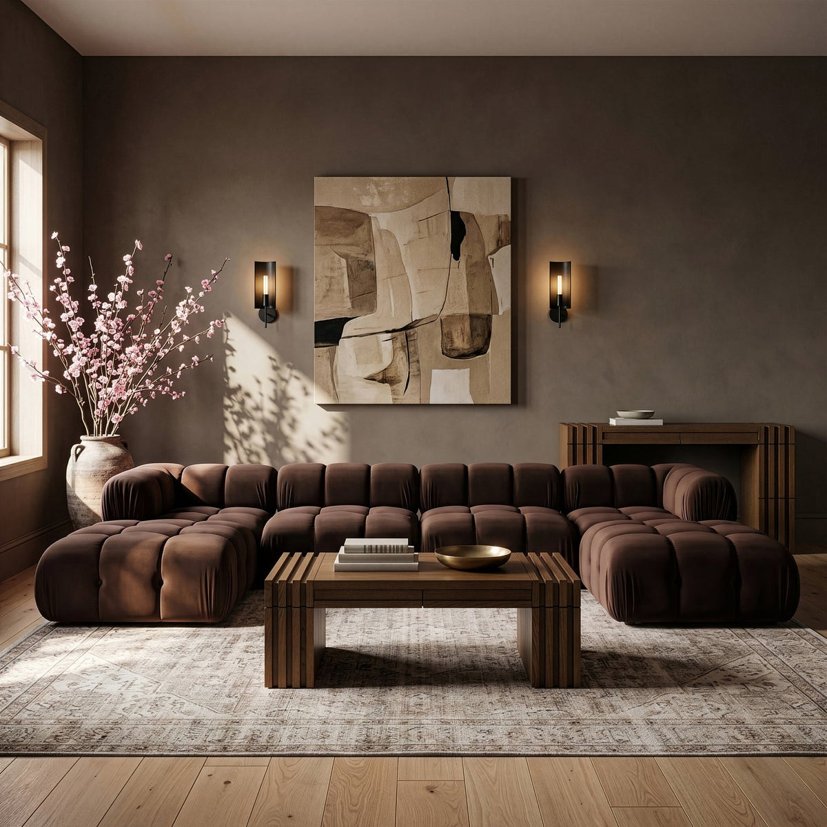 Orin Brown Velvet Performance Fabric Upholstered 6 Piece Modular Sectional Sofa