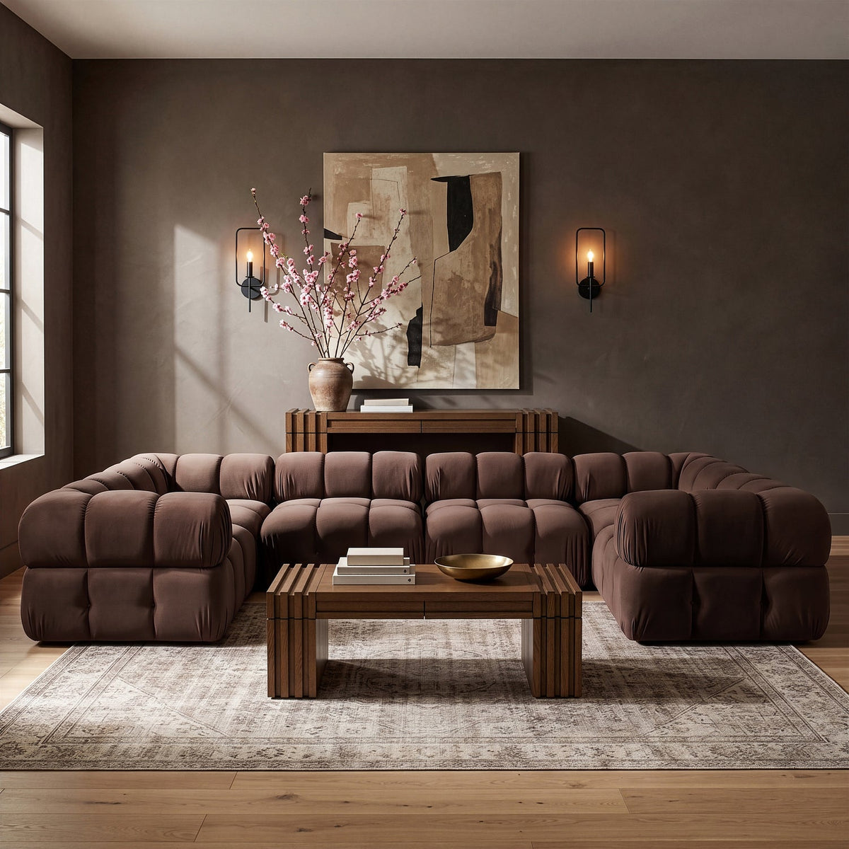 Orin Brown Velvet Performance Fabric Upholstered 6 Piece Modular Sectional Sofa