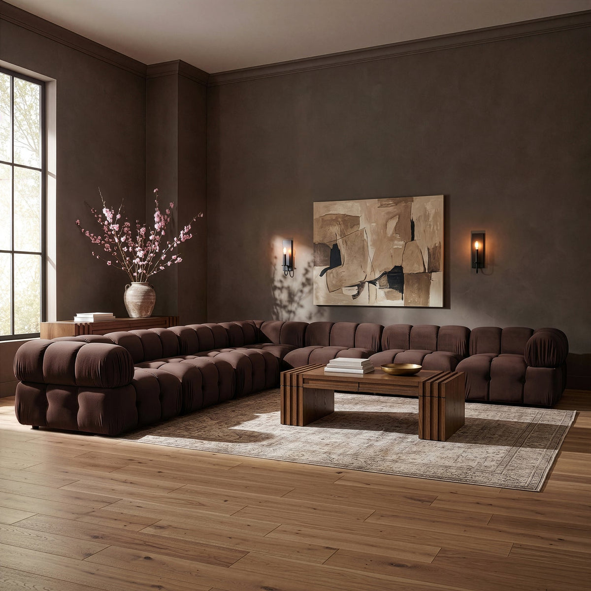 Orin Brown Velvet Performance Fabric Upholstered 7 Piece Modular Sectional Sofa