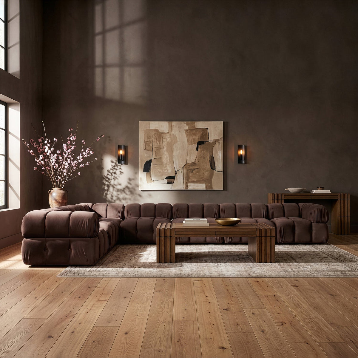 Orin Brown Velvet Performance Fabric Upholstered 7 Piece Modular Sectional Sofa